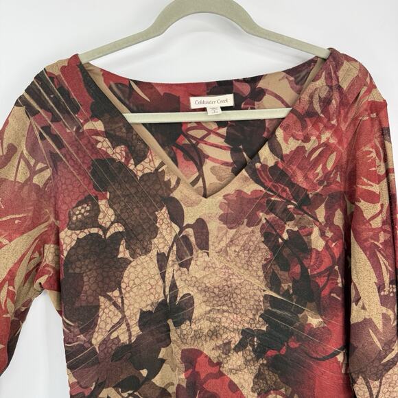 Coldwater Creek Top Large Pleated V Neck Stretch Crepe Autum Color Floral Pullov - Picture 3 of 9